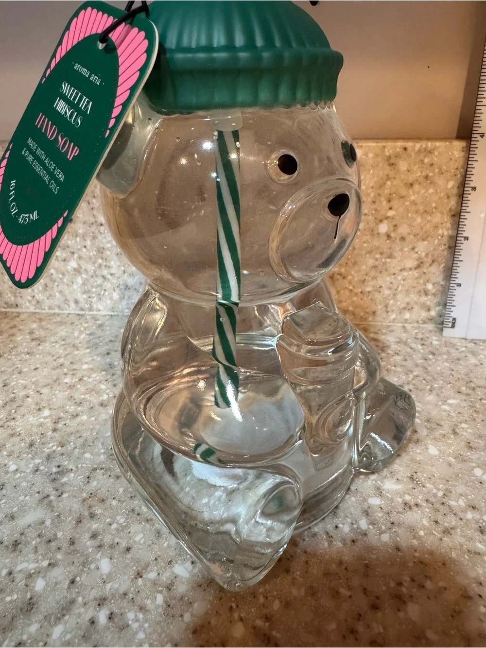 Clear Glass Bear Holding Coffee Soap Dispenser with Pump Resembles Starbucks